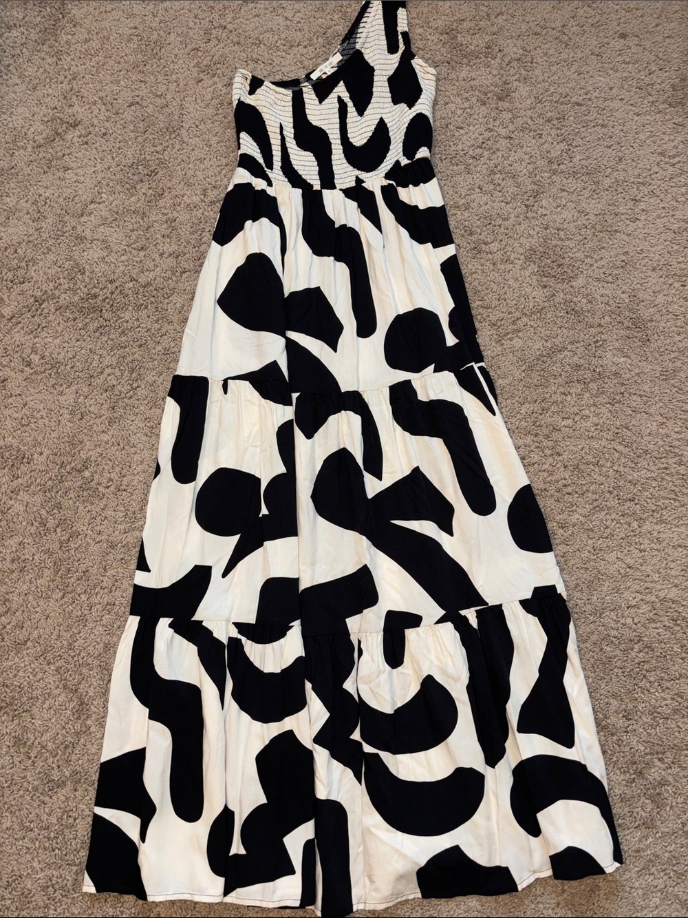 One-Shoulder Black & White Abstract Tiered Maxi Dress